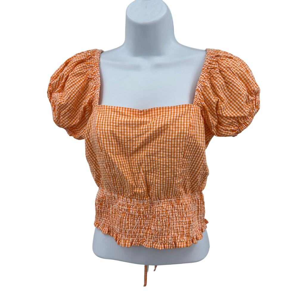 Sim & Sam Puff Sleeve Smocked Crop Top WMN S Orange Gingham Lace-Up Back 51226BL